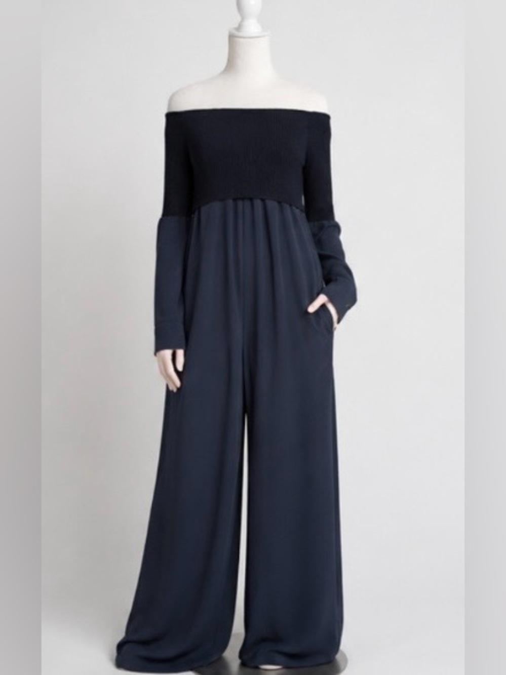 DKNY DONNA KARAN Off-Shoulder Dress Jumpsuit Knit Overlay sz M Very Rare